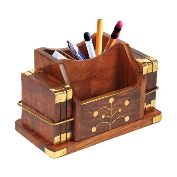 Desi Kraft Wooden Office Desk Table Accessories Organizer with Coasters Set, Stationary Organizer, Pen Pencil Stand, Business Card Holder, Brass Inlay - Image 4