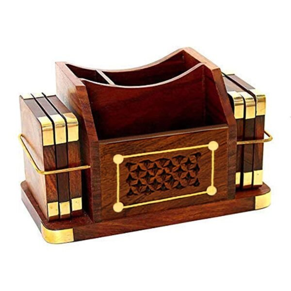 Desi Kraft Wooden Office Desk Table Accessories Organizer with Coasters Set, Stationary Organizer, Pen Pencil Stand, Business Card Holder, Brass Inlay - Image 2