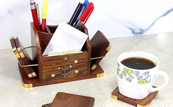 Desi Kraft Wooden Office Desk Table Accessories Organizer with Coasters Set, Stationary Organizer, Pen Pencil Stand, Business Card Holder, Brass Inlay - Image 5