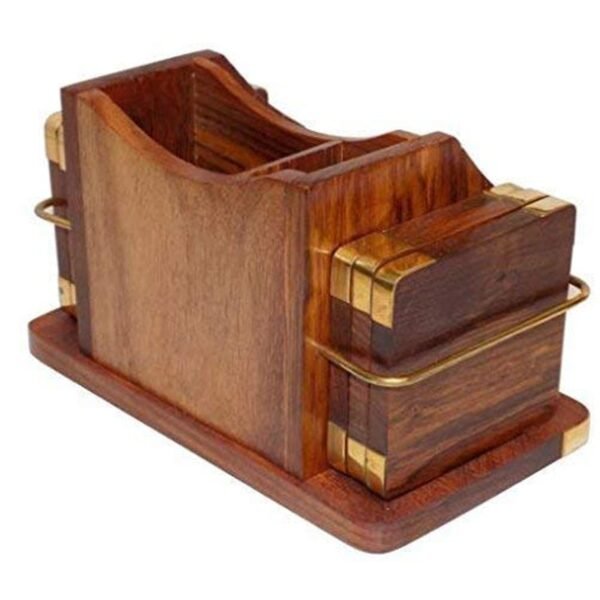 Desi Kraft Wooden Office Desk Table Accessories Organizer with Coasters Set, Stationary Organizer, Pen Pencil Stand, Business Card Holder, Brass Inlay - Image 6