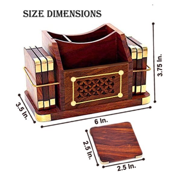 Desi Kraft Wooden Office Desk Table Accessories Organizer with Coasters Set, Stationary Organizer, Pen Pencil Stand, Business Card Holder, Brass Inlay - Image 7