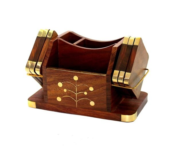 Desi Kraft Wooden Office Desk Table Accessories Organizer with Coasters Set, Stationary Organizer, Pen Pencil Stand, Business Card Holder, Brass Inlay - Image 10