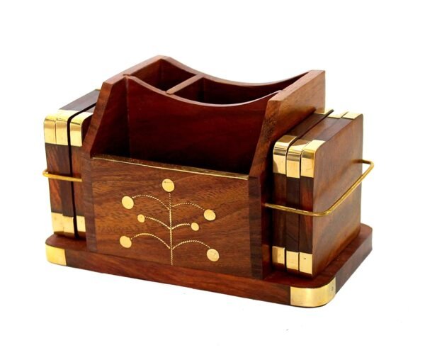 Desi Kraft Wooden Office Desk Table Accessories Organizer with Coasters Set, Stationary Organizer, Pen Pencil Stand, Business Card Holder, Brass Inlay - Image 11