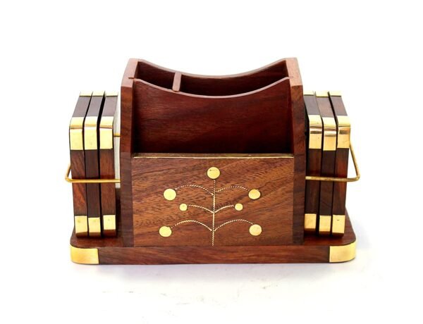 Desi Kraft Wooden Office Desk Table Accessories Organizer with Coasters Set, Stationary Organizer, Pen Pencil Stand, Business Card Holder, Brass Inlay